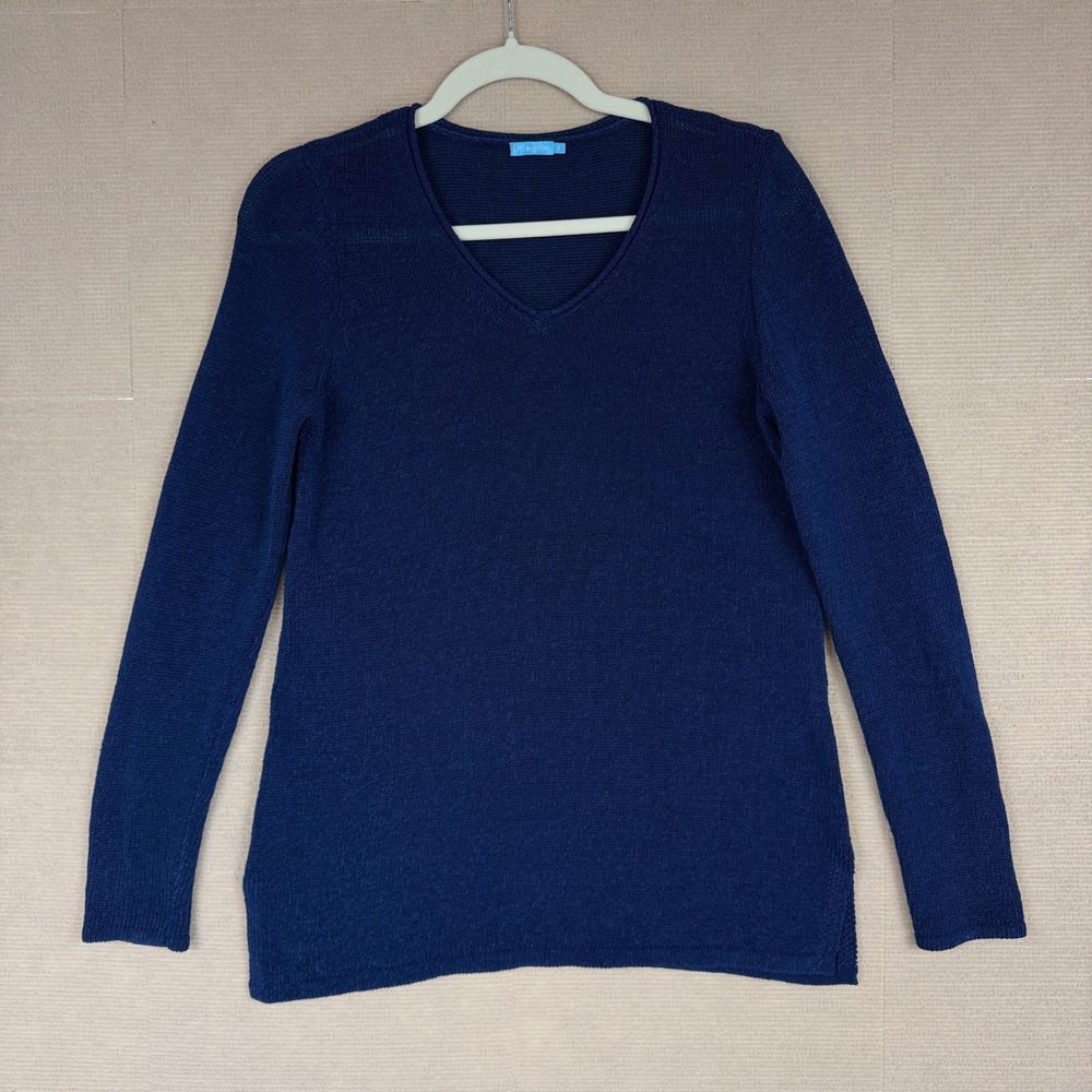 J. McLaughlin Womens Navy Blue V-Neck Cotton Blend Knit Sweater Size Small